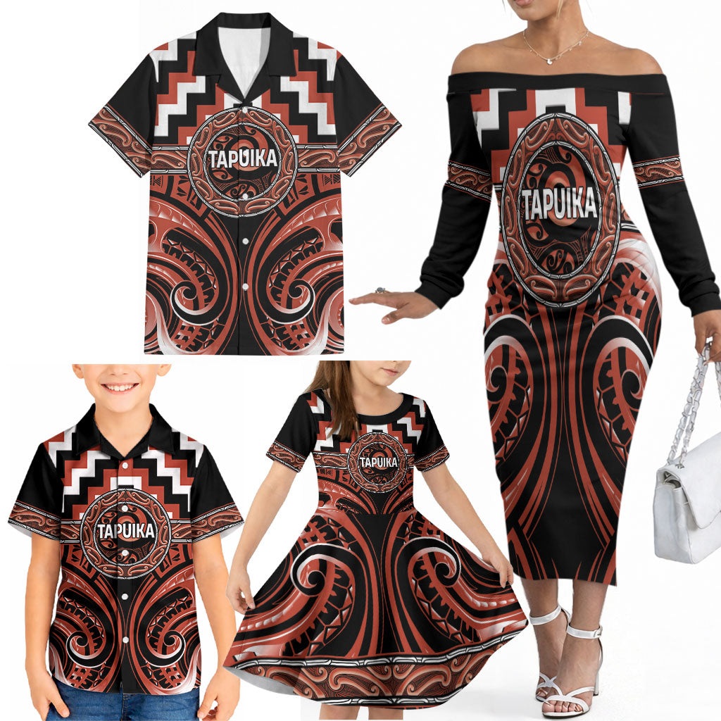 Aotearoa Tapuika Personalised Family Matching Off The Shoulder Long Sleeve Dress and Hawaiian Shirt Maori Iwi Poutama Puhoro Tattoo LT14 - Polynesian Pride