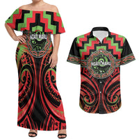 Aotearoa Ngati Maru Personalised Couples Matching Off Shoulder Maxi Dress and Hawaiian Shirt Maori Iwi Poutama Puhoro Tattoo LT14 Red - Polynesian Pride