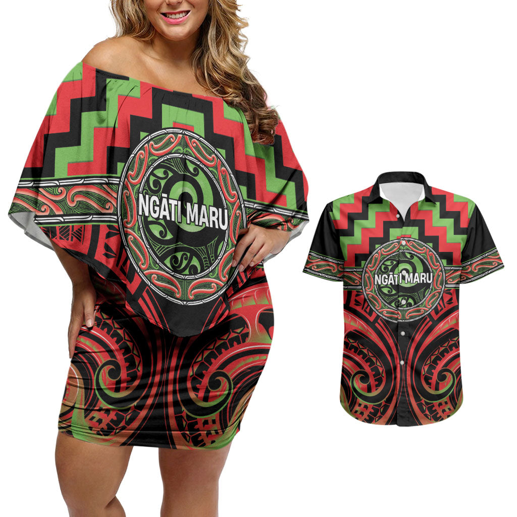Aotearoa Ngati Maru Personalised Couples Matching Off Shoulder Short Dress and Hawaiian Shirt Maori Iwi Poutama Puhoro Tattoo LT14 Red - Polynesian Pride