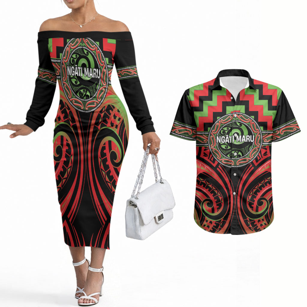 Aotearoa Ngati Maru Personalised Couples Matching Off The Shoulder Long Sleeve Dress and Hawaiian Shirt Maori Iwi Poutama Puhoro Tattoo LT14 Red - Polynesian Pride