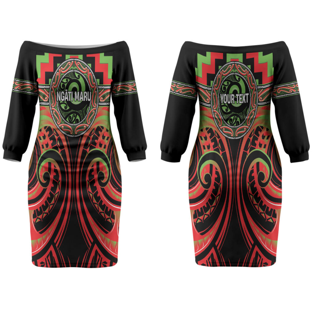 Aotearoa Ngati Maru Personalised Couples Matching Off The Shoulder Long Sleeve Dress and Long Sleeve Button Shirt Maori Iwi Poutama Puhoro Tattoo LT14 - Polynesian Pride