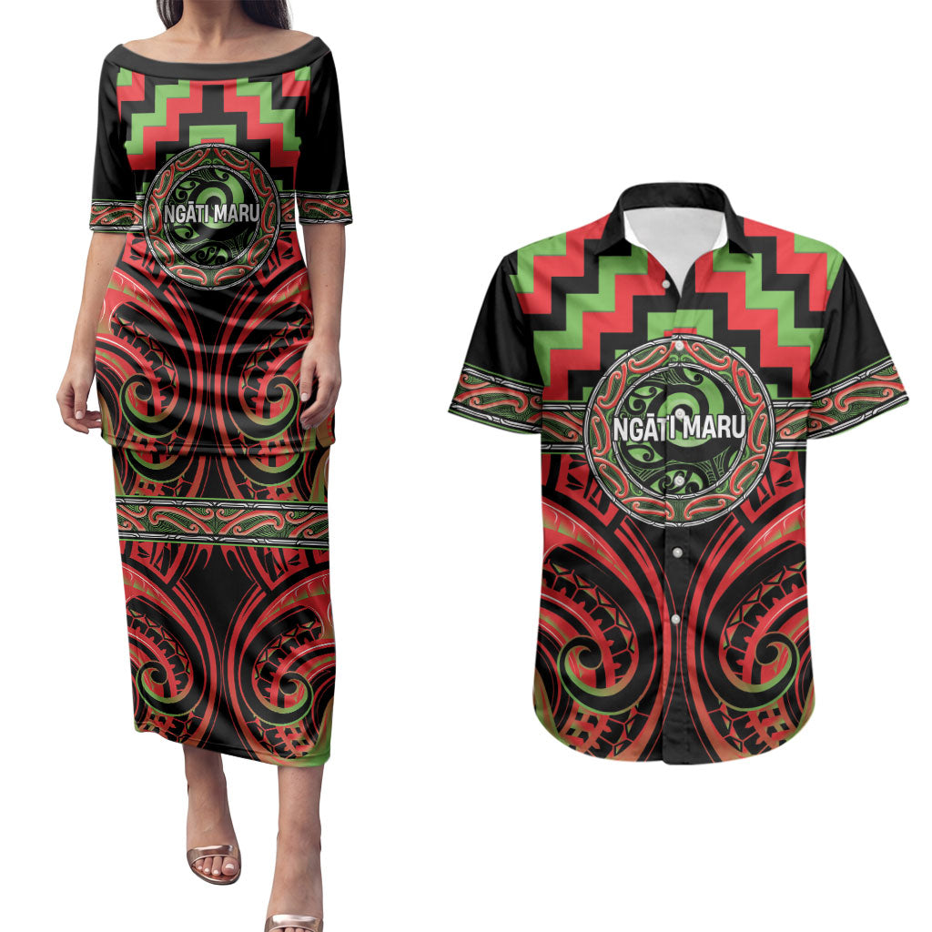 Aotearoa Ngati Maru Personalised Couples Matching Puletasi and Hawaiian Shirt Maori Iwi Poutama Puhoro Tattoo LT14 Red - Polynesian Pride