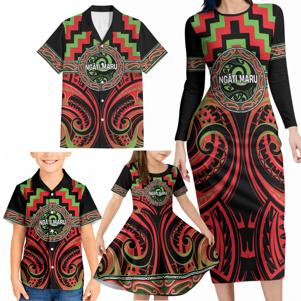 Aotearoa Ngati Maru Personalised Family Matching Long Sleeve Bodycon Dress and Hawaiian Shirt Maori Iwi Poutama Puhoro Tattoo LT14 - Polynesian Pride