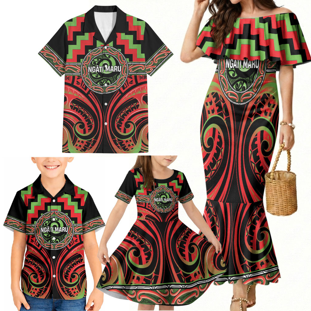 Aotearoa Ngati Maru Personalised Family Matching Mermaid Dress and Hawaiian Shirt Maori Iwi Poutama Puhoro Tattoo LT14 - Polynesian Pride