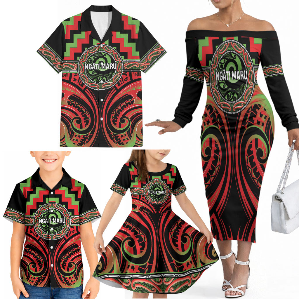 Aotearoa Ngati Maru Personalised Family Matching Off The Shoulder Long Sleeve Dress and Hawaiian Shirt Maori Iwi Poutama Puhoro Tattoo LT14 - Polynesian Pride