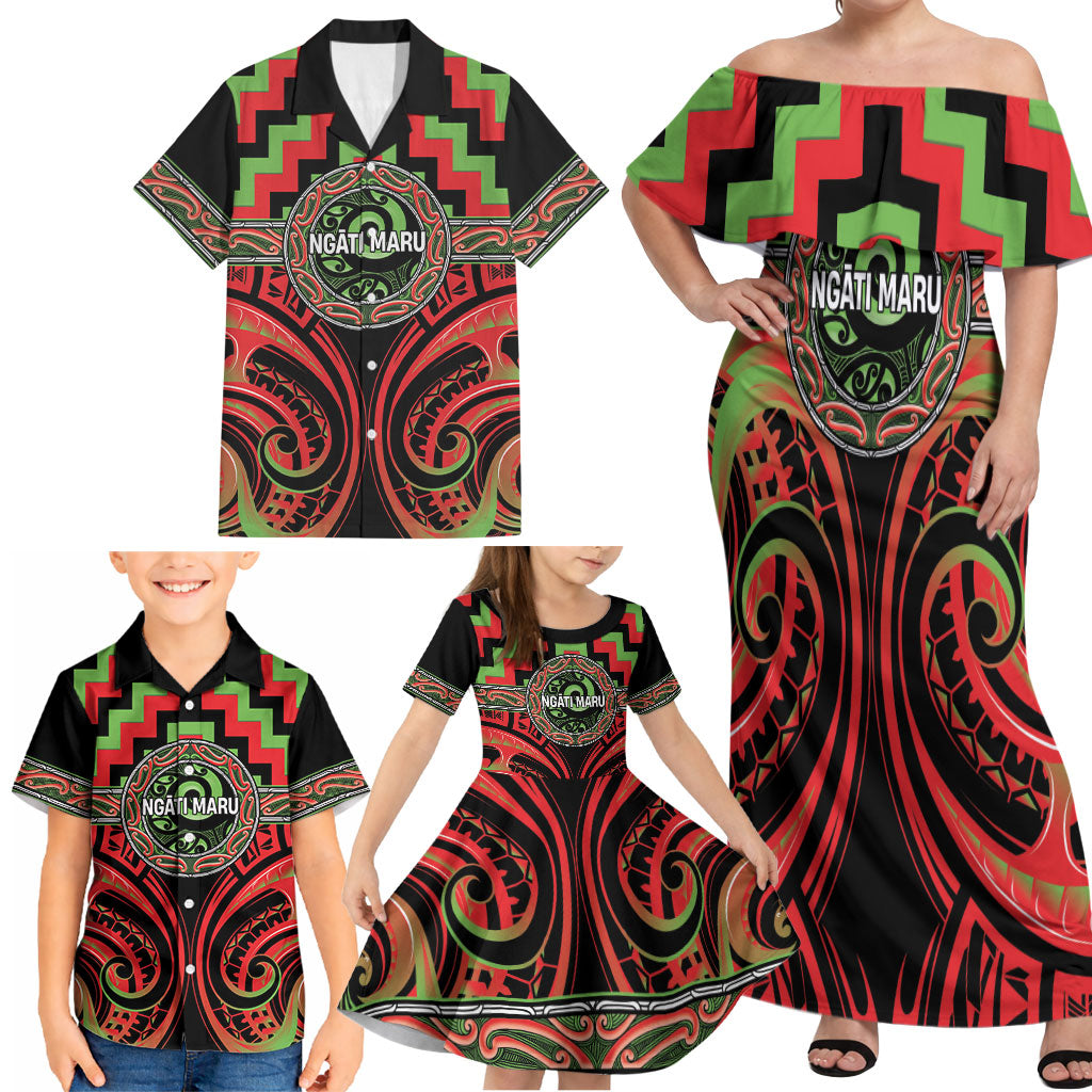 Aotearoa Ngati Maru Personalised Family Matching Off Shoulder Maxi Dress and Hawaiian Shirt Maori Iwi Poutama Puhoro Tattoo LT14 - Polynesian Pride