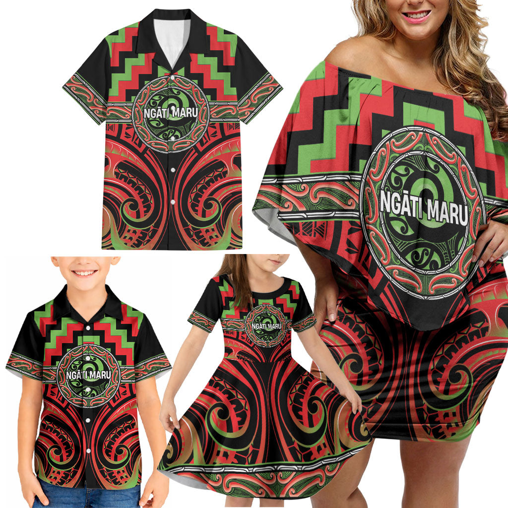 Aotearoa Ngati Maru Personalised Family Matching Off Shoulder Short Dress and Hawaiian Shirt Maori Iwi Poutama Puhoro Tattoo LT14 - Polynesian Pride