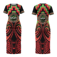 Aotearoa Ngati Maru Personalised Family Matching Short Sleeve Bodycon Dress and Hawaiian Shirt Maori Iwi Poutama Puhoro Tattoo LT14 Mom's Dress Red - Polynesian Pride