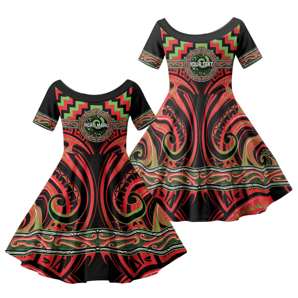 Aotearoa Ngati Maru Personalised Family Matching Short Sleeve Bodycon Dress and Hawaiian Shirt Maori Iwi Poutama Puhoro Tattoo LT14 Daughter's Dress Red - Polynesian Pride