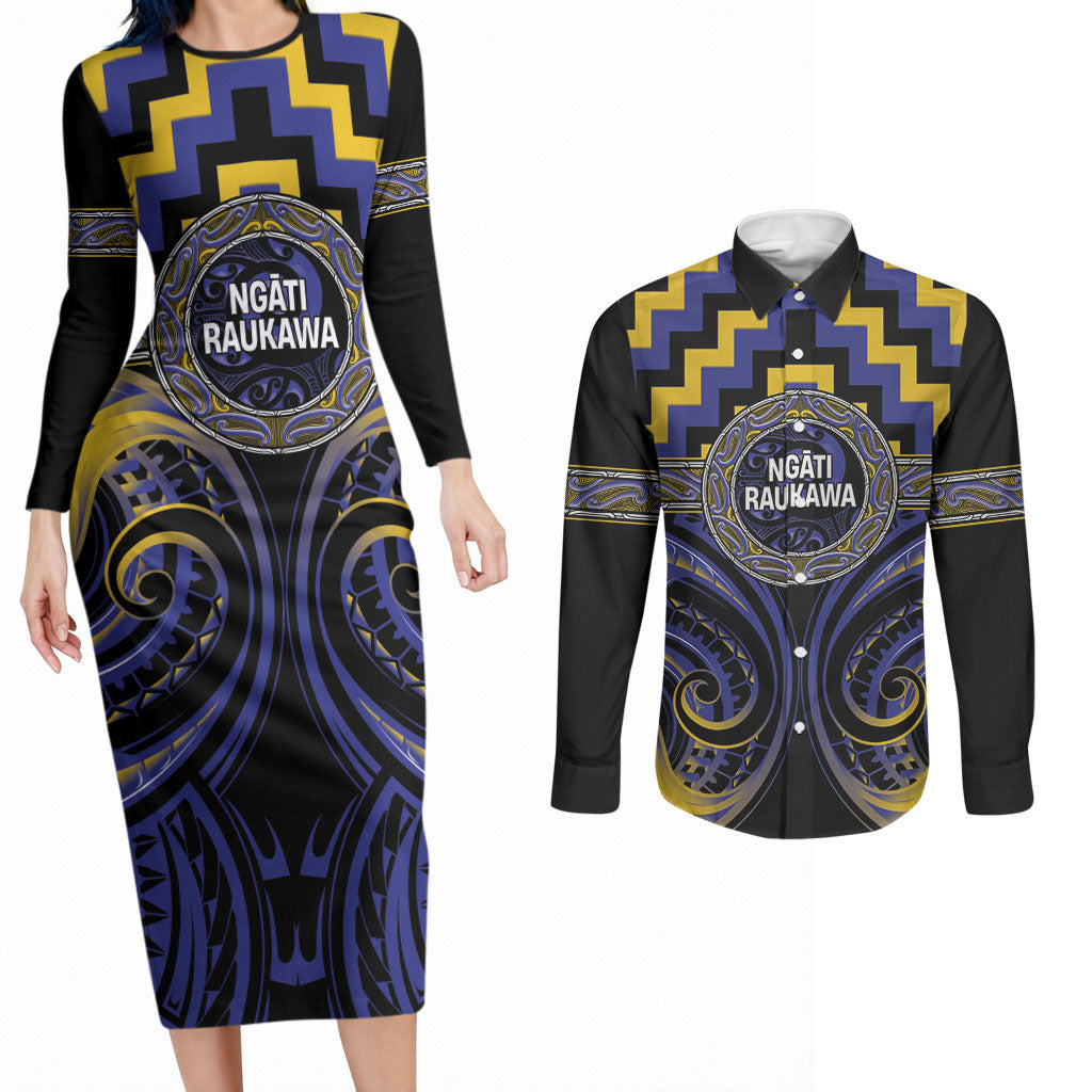 Aotearoa Ngati Raukawa Personalised Couples Matching Long Sleeve Bodycon Dress and Long Sleeve Button Shirt Maori Iwi Poutama Puhoro Tattoo LT14 Blue - Polynesian Pride