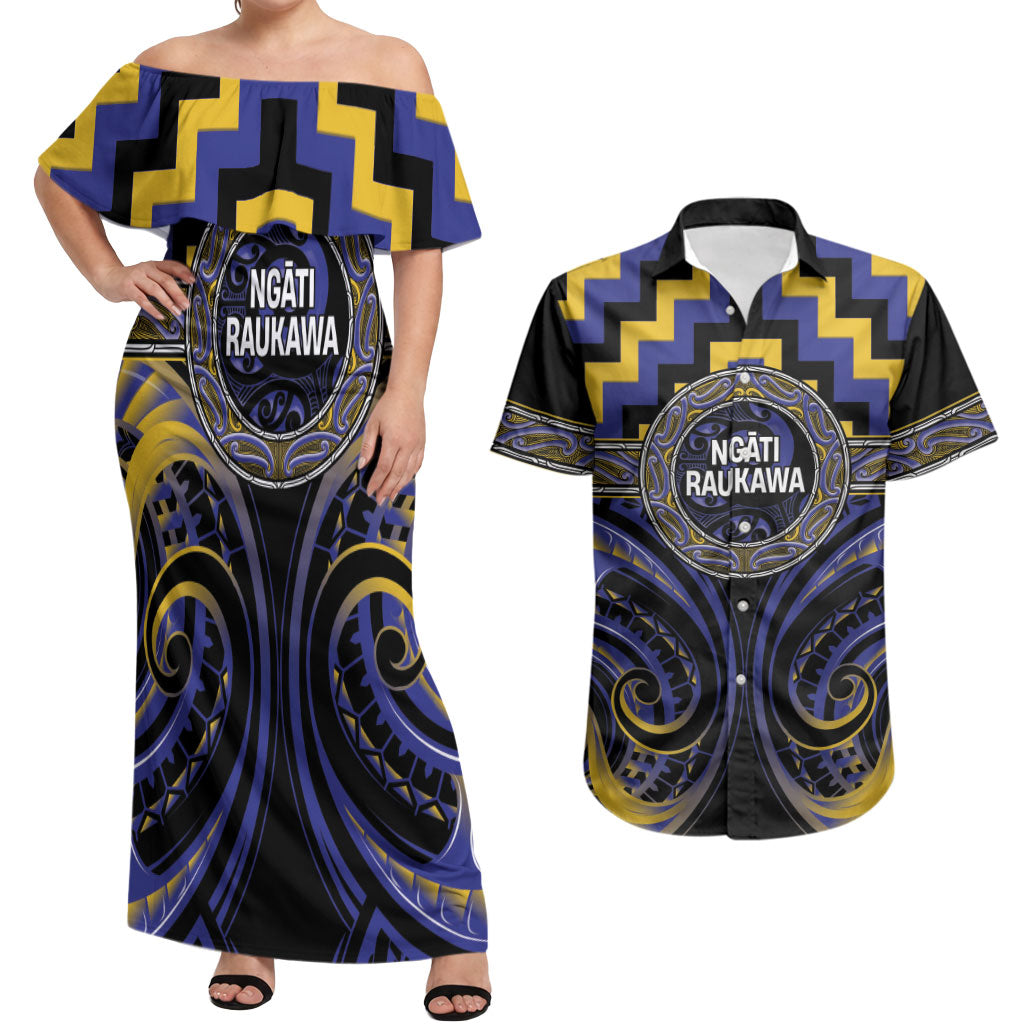 Aotearoa Ngati Raukawa Personalised Couples Matching Off Shoulder Maxi Dress and Hawaiian Shirt Maori Iwi Poutama Puhoro Tattoo LT14 Blue - Polynesian Pride