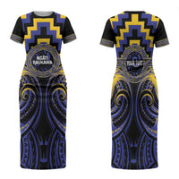 Aotearoa Ngati Raukawa Personalised Family Matching Short Sleeve Bodycon Dress and Hawaiian Shirt Maori Iwi Poutama Puhoro Tattoo LT14 Mom's Dress Blue - Polynesian Pride