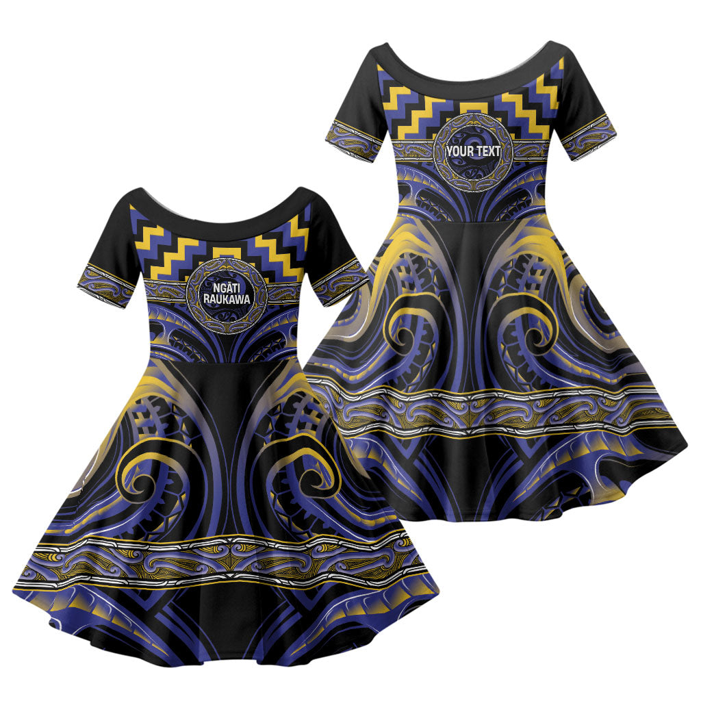 Aotearoa Ngati Raukawa Personalised Family Matching Tank Maxi Dress and Hawaiian Shirt Maori Iwi Poutama Puhoro Tattoo LT14 Daughter's Dress Blue - Polynesian Pride