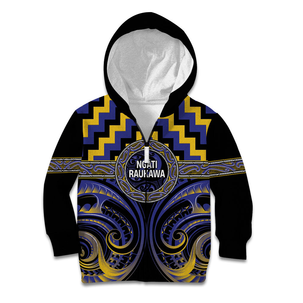 Aotearoa Ngati Raukawa Personalised Kid Hoodie Maori Iwi Poutama Puhoro Tattoo LT14 Zip Hoodie Blue - Polynesian Pride