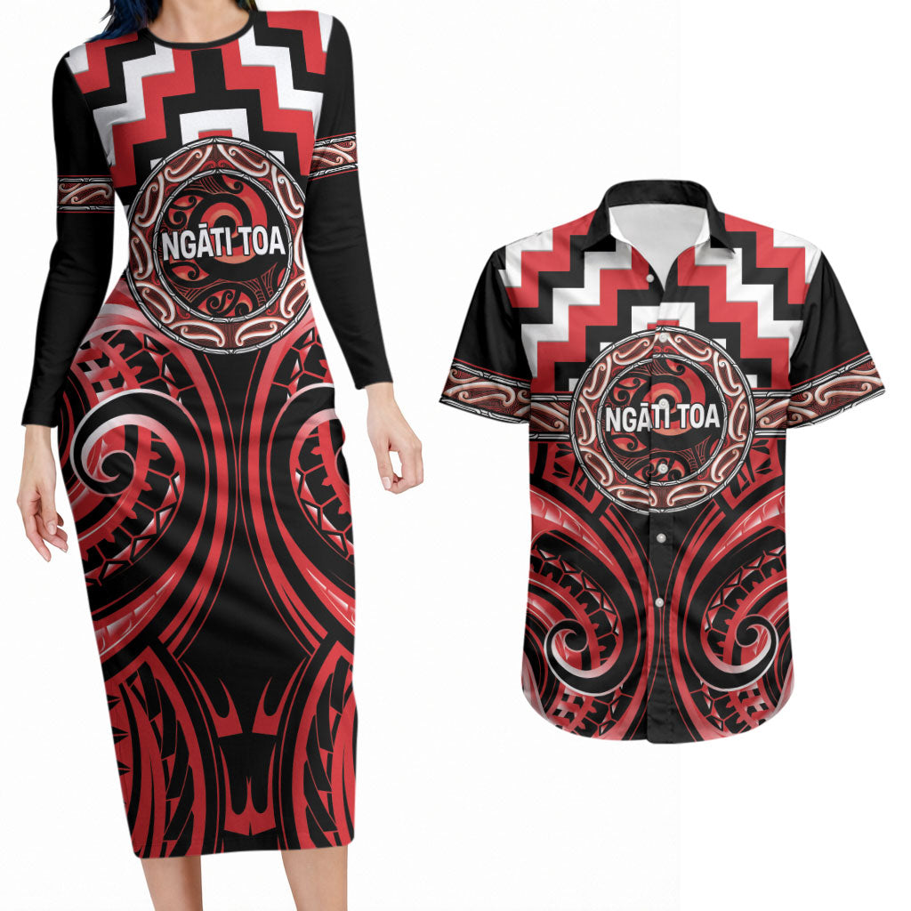 Aotearoa Ngati Toa Personalised Couples Matching Long Sleeve Bodycon Dress and Hawaiian Shirt Maori Iwi Poutama Puhoro Tattoo LT14 Red - Polynesian Pride