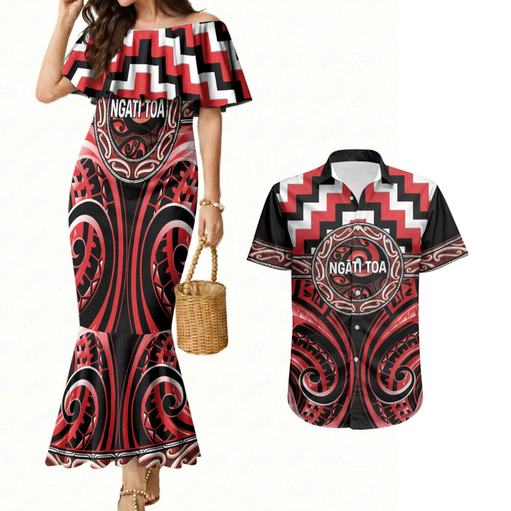 Aotearoa Ngati Toa Personalised Couples Matching Mermaid Dress and Hawaiian Shirt Maori Iwi Poutama Puhoro Tattoo LT14 Red - Polynesian Pride