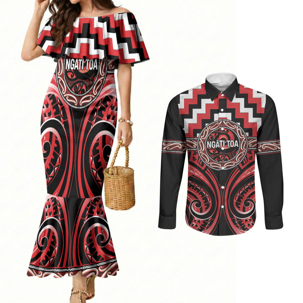 Aotearoa Ngati Toa Personalised Couples Matching Mermaid Dress and Long Sleeve Button Shirt Maori Iwi Poutama Puhoro Tattoo LT14 Red - Polynesian Pride
