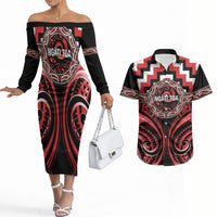 Aotearoa Ngati Toa Personalised Couples Matching Off The Shoulder Long Sleeve Dress and Hawaiian Shirt Maori Iwi Poutama Puhoro Tattoo LT14 Red - Polynesian Pride