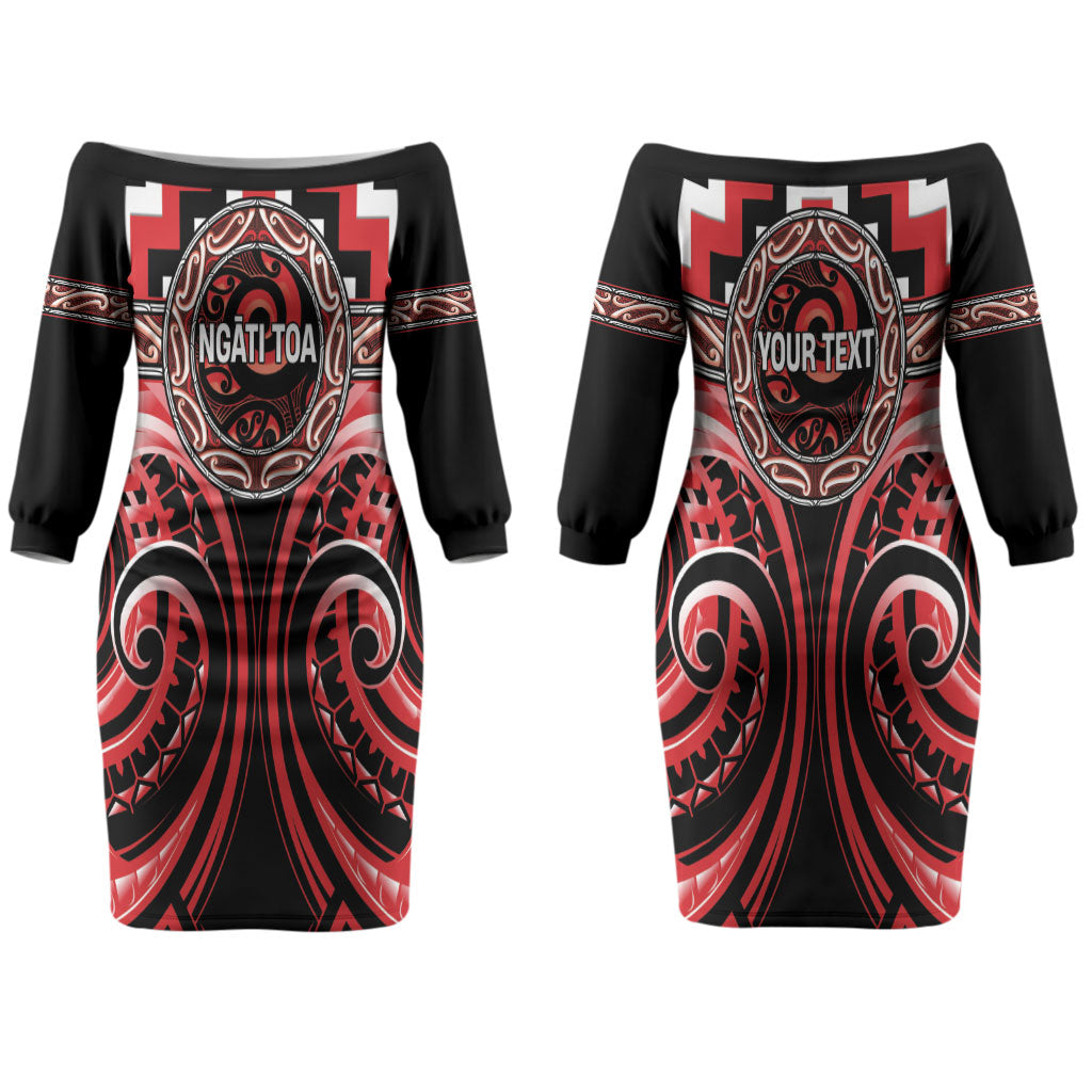 Aotearoa Ngati Toa Personalised Couples Matching Off The Shoulder Long Sleeve Dress and Hawaiian Shirt Maori Iwi Poutama Puhoro Tattoo LT14 - Polynesian Pride