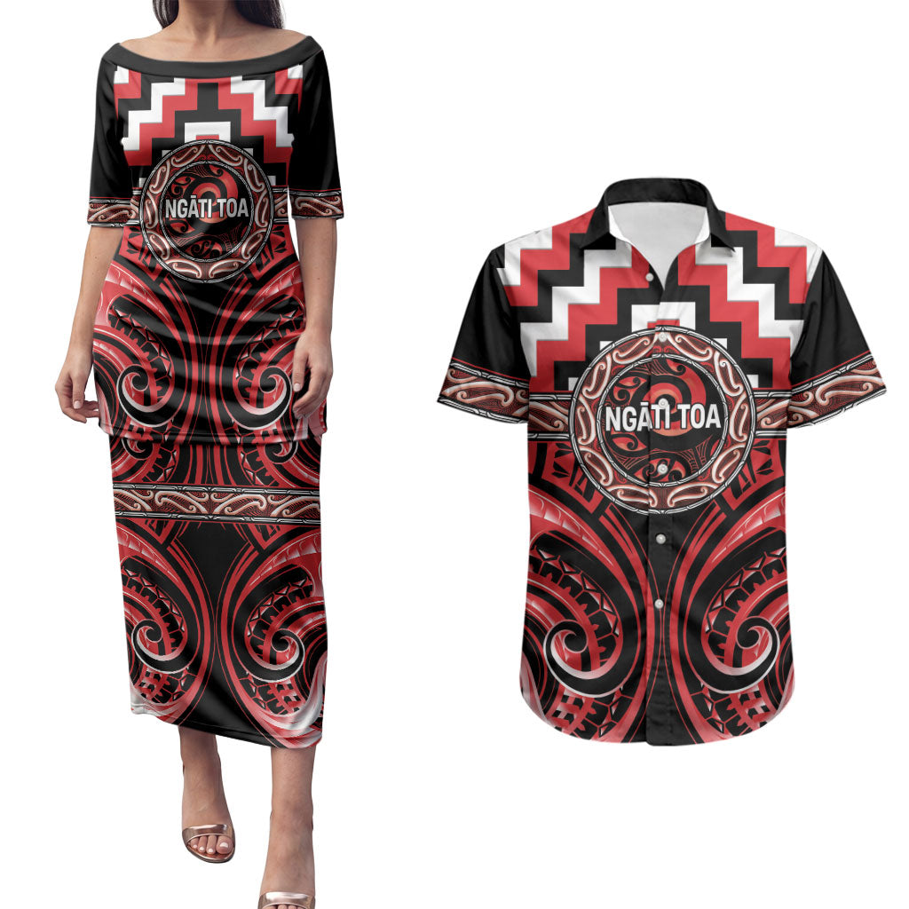 Aotearoa Ngati Toa Personalised Couples Matching Puletasi and Hawaiian Shirt Maori Iwi Poutama Puhoro Tattoo LT14 Red - Polynesian Pride