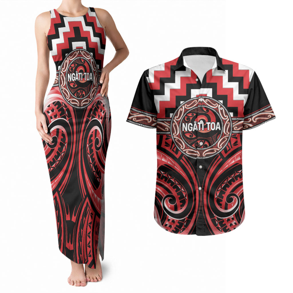 Aotearoa Ngati Toa Personalised Couples Matching Tank Maxi Dress and Hawaiian Shirt Maori Iwi Poutama Puhoro Tattoo LT14 Red - Polynesian Pride
