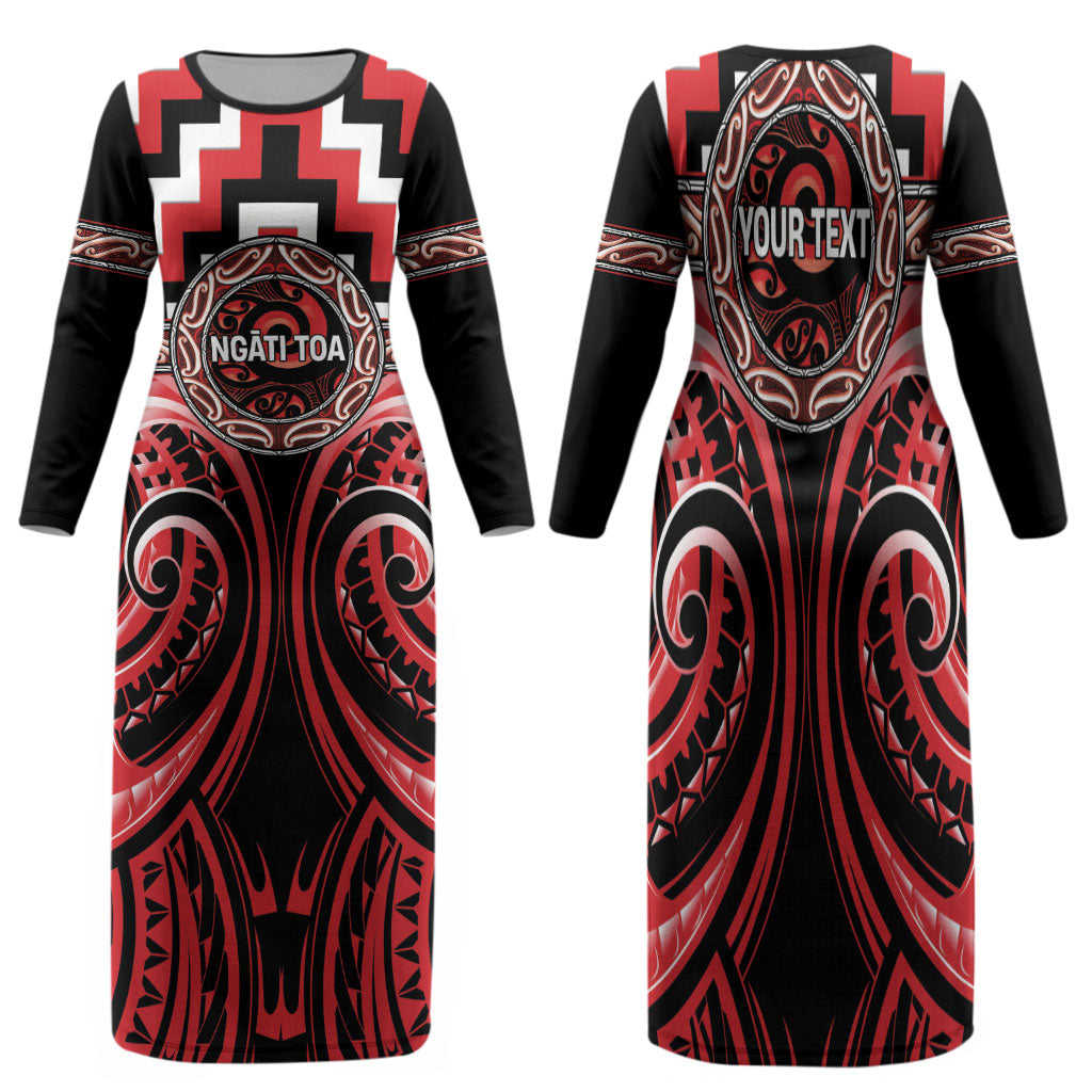 Aotearoa Ngati Toa Personalised Family Matching Long Sleeve Bodycon Dress and Hawaiian Shirt Maori Iwi Poutama Puhoro Tattoo LT14 Mom's Dress Red - Polynesian Pride