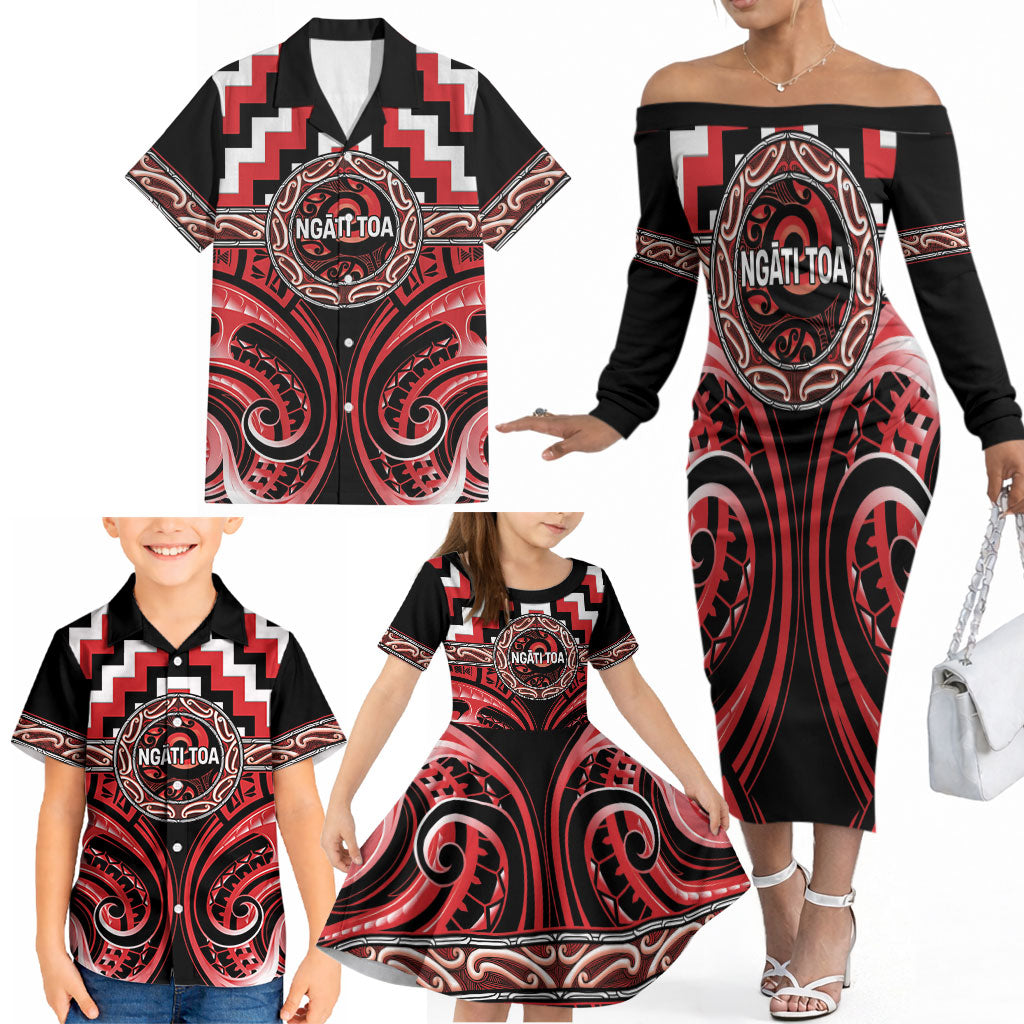 Aotearoa Ngati Toa Personalised Family Matching Off The Shoulder Long Sleeve Dress and Hawaiian Shirt Maori Iwi Poutama Puhoro Tattoo LT14 - Polynesian Pride