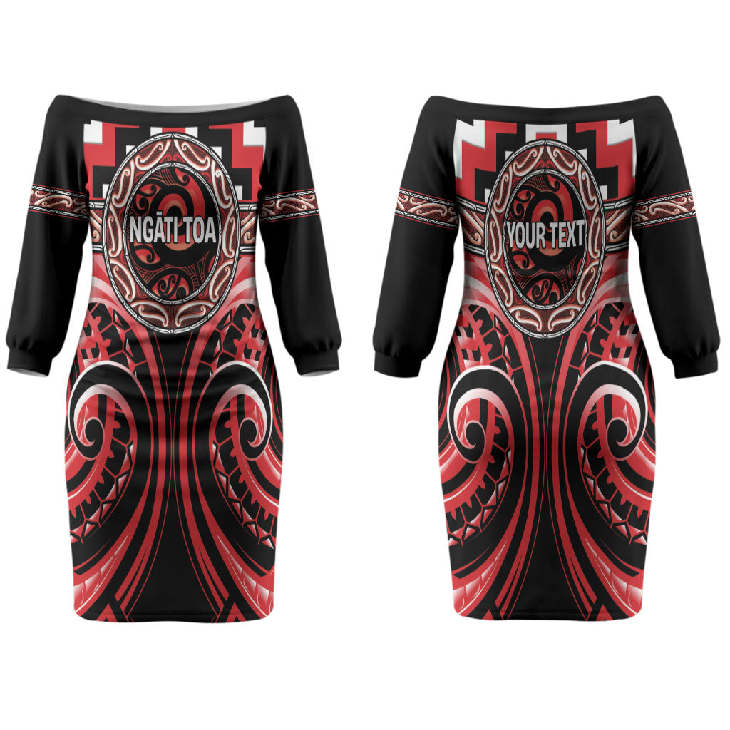 Aotearoa Ngati Toa Personalised Family Matching Off The Shoulder Long Sleeve Dress and Hawaiian Shirt Maori Iwi Poutama Puhoro Tattoo LT14 Mom's Dress Red - Polynesian Pride