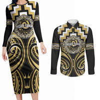Aotearoa Ngati Tama Personalised Couples Matching Long Sleeve Bodycon Dress and Long Sleeve Button Shirt Maori Iwi Poutama Puhoro Tattoo LT14 Yellow - Polynesian Pride