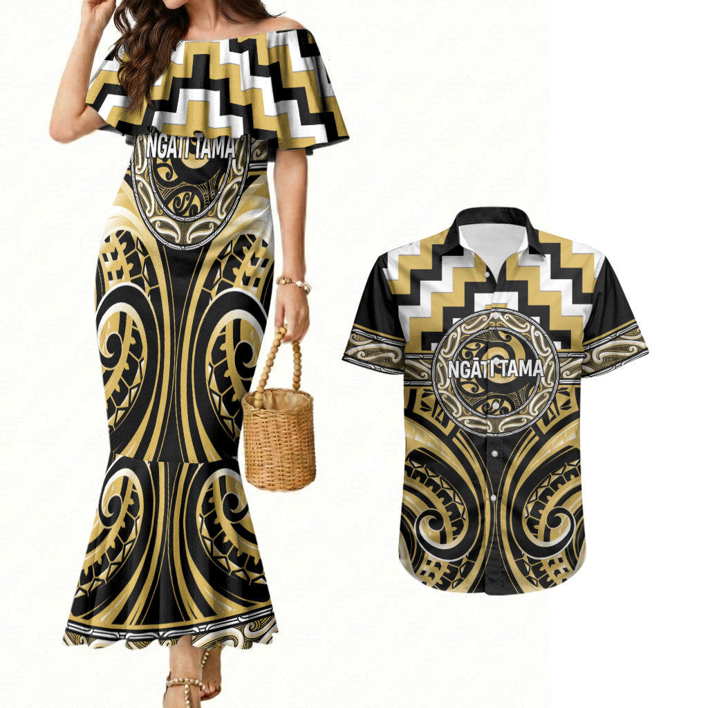 Aotearoa Ngati Tama Personalised Couples Matching Mermaid Dress and Hawaiian Shirt Maori Iwi Poutama Puhoro Tattoo LT14 Yellow - Polynesian Pride