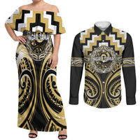 Aotearoa Ngati Tama Personalised Couples Matching Off Shoulder Maxi Dress and Long Sleeve Button Shirt Maori Iwi Poutama Puhoro Tattoo LT14 Yellow - Polynesian Pride