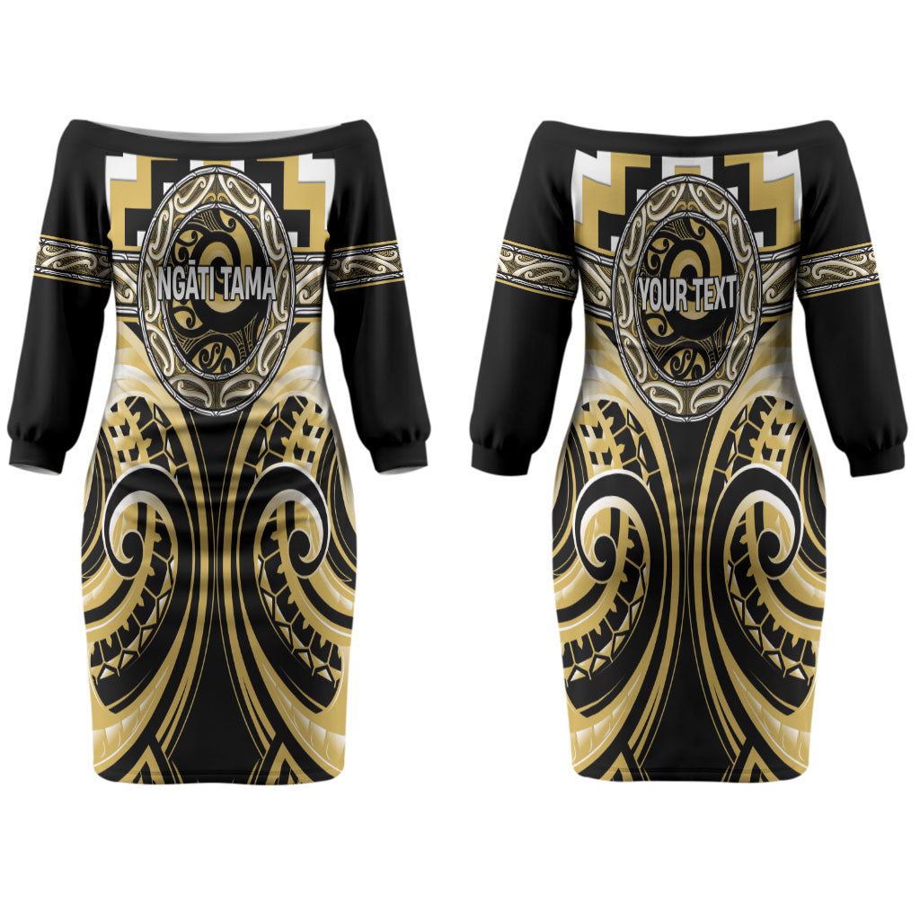 Aotearoa Ngati Tama Personalised Couples Matching Off The Shoulder Long Sleeve Dress and Hawaiian Shirt Maori Iwi Poutama Puhoro Tattoo LT14 - Polynesian Pride