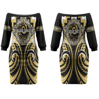 Aotearoa Ngati Tama Personalised Couples Matching Off The Shoulder Long Sleeve Dress and Long Sleeve Button Shirt Maori Iwi Poutama Puhoro Tattoo LT14 - Polynesian Pride