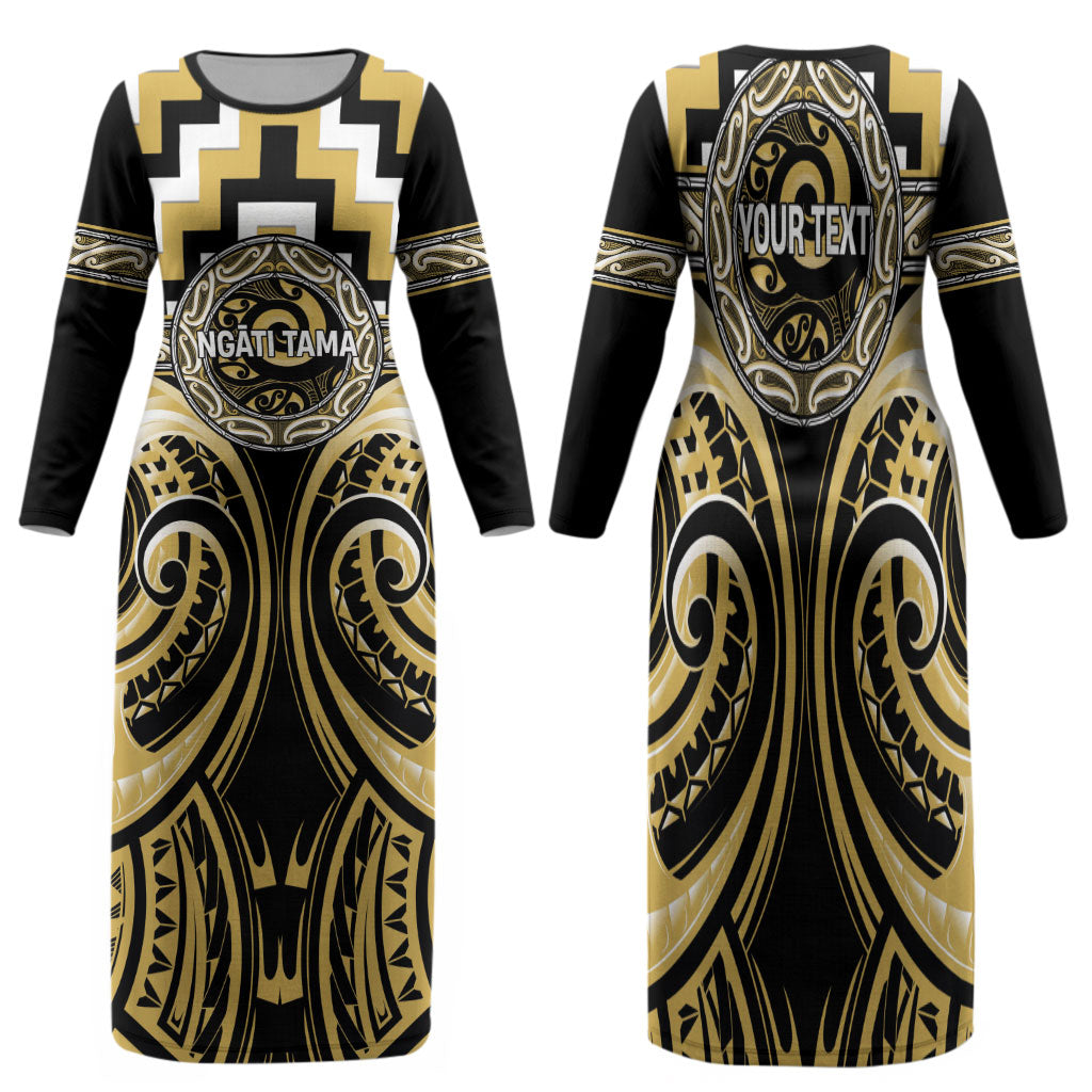 Aotearoa Ngati Tama Personalised Family Matching Long Sleeve Bodycon Dress and Hawaiian Shirt Maori Iwi Poutama Puhoro Tattoo LT14 Mom's Dress Yellow - Polynesian Pride