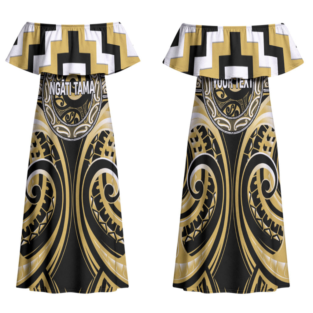 Aotearoa Ngati Tama Personalised Family Matching Off Shoulder Maxi Dress and Hawaiian Shirt Maori Iwi Poutama Puhoro Tattoo LT14 Mom's Dress Yellow - Polynesian Pride