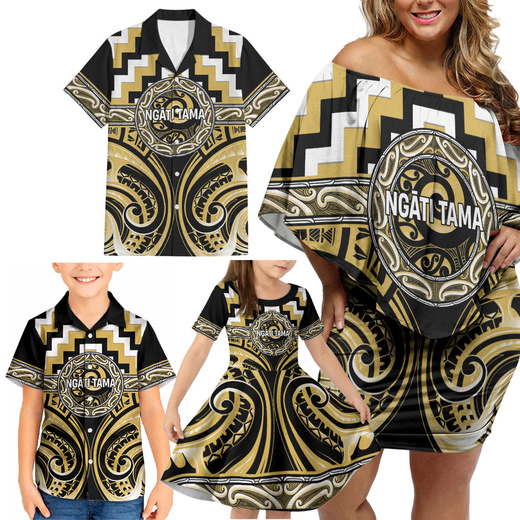 Aotearoa Ngati Tama Personalised Family Matching Off Shoulder Short Dress and Hawaiian Shirt Maori Iwi Poutama Puhoro Tattoo LT14 - Polynesian Pride