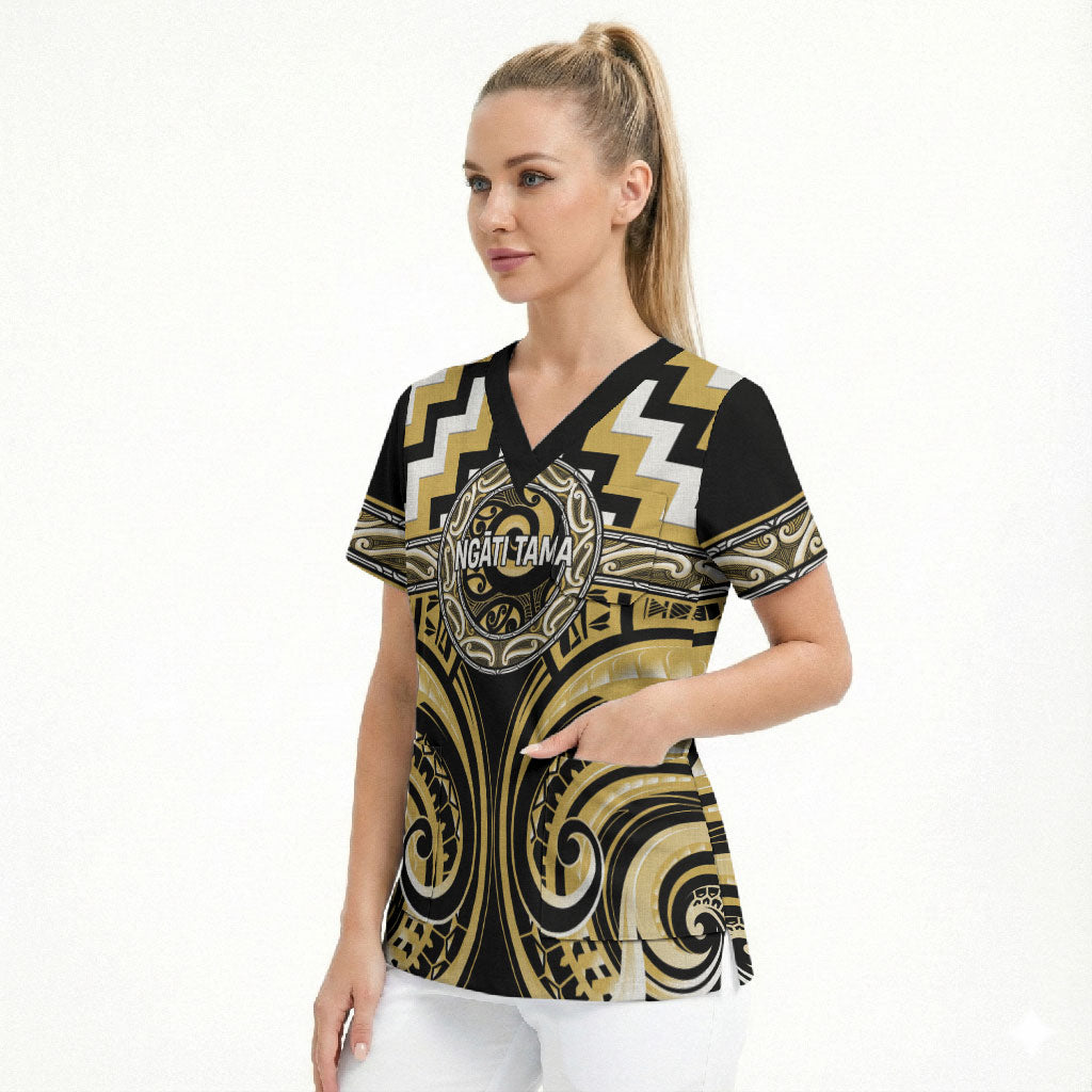 Aotearoa Ngati Tama Personalised Scrub Top Maori Iwi Poutama Puhoro Tattoo LT14 - Polynesian Pride