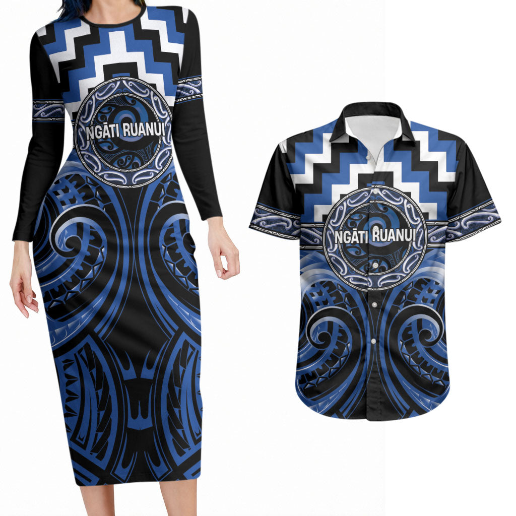 Aotearoa Ngati Ruanui Personalised Couples Matching Long Sleeve Bodycon Dress and Hawaiian Shirt Maori Iwi Poutama Puhoro Tattoo LT14 Blue - Polynesian Pride