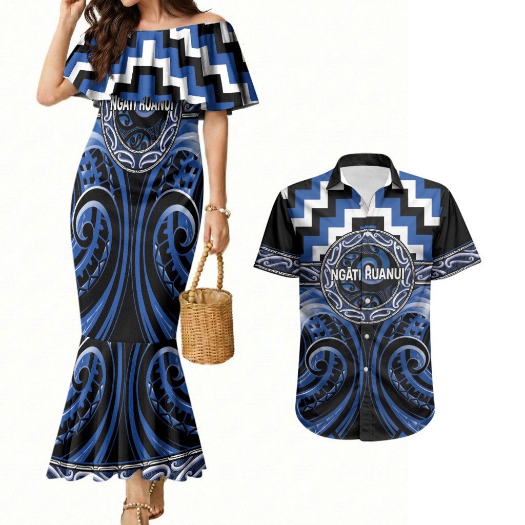 Aotearoa Ngati Ruanui Personalised Couples Matching Mermaid Dress and Hawaiian Shirt Maori Iwi Poutama Puhoro Tattoo LT14 Blue - Polynesian Pride