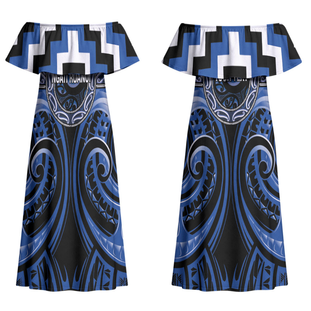 Aotearoa Ngati Ruanui Personalised Couples Matching Off Shoulder Maxi Dress and Long Sleeve Button Shirt Maori Iwi Poutama Puhoro Tattoo LT14 - Polynesian Pride
