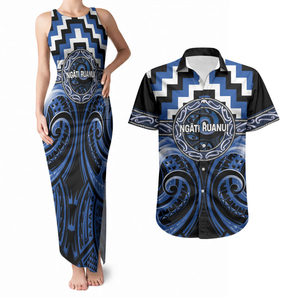 Aotearoa Ngati Ruanui Personalised Couples Matching Tank Maxi Dress and Hawaiian Shirt Maori Iwi Poutama Puhoro Tattoo LT14 Blue - Polynesian Pride