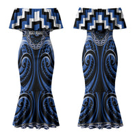 Aotearoa Ngati Ruanui Personalised Family Matching Mermaid Dress and Hawaiian Shirt Maori Iwi Poutama Puhoro Tattoo LT14 Mom's Dress Blue - Polynesian Pride