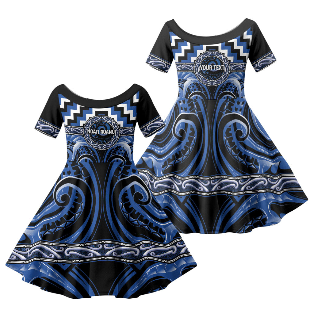Aotearoa Ngati Ruanui Personalised Family Matching Mermaid Dress and Hawaiian Shirt Maori Iwi Poutama Puhoro Tattoo LT14 Daughter's Dress Blue - Polynesian Pride
