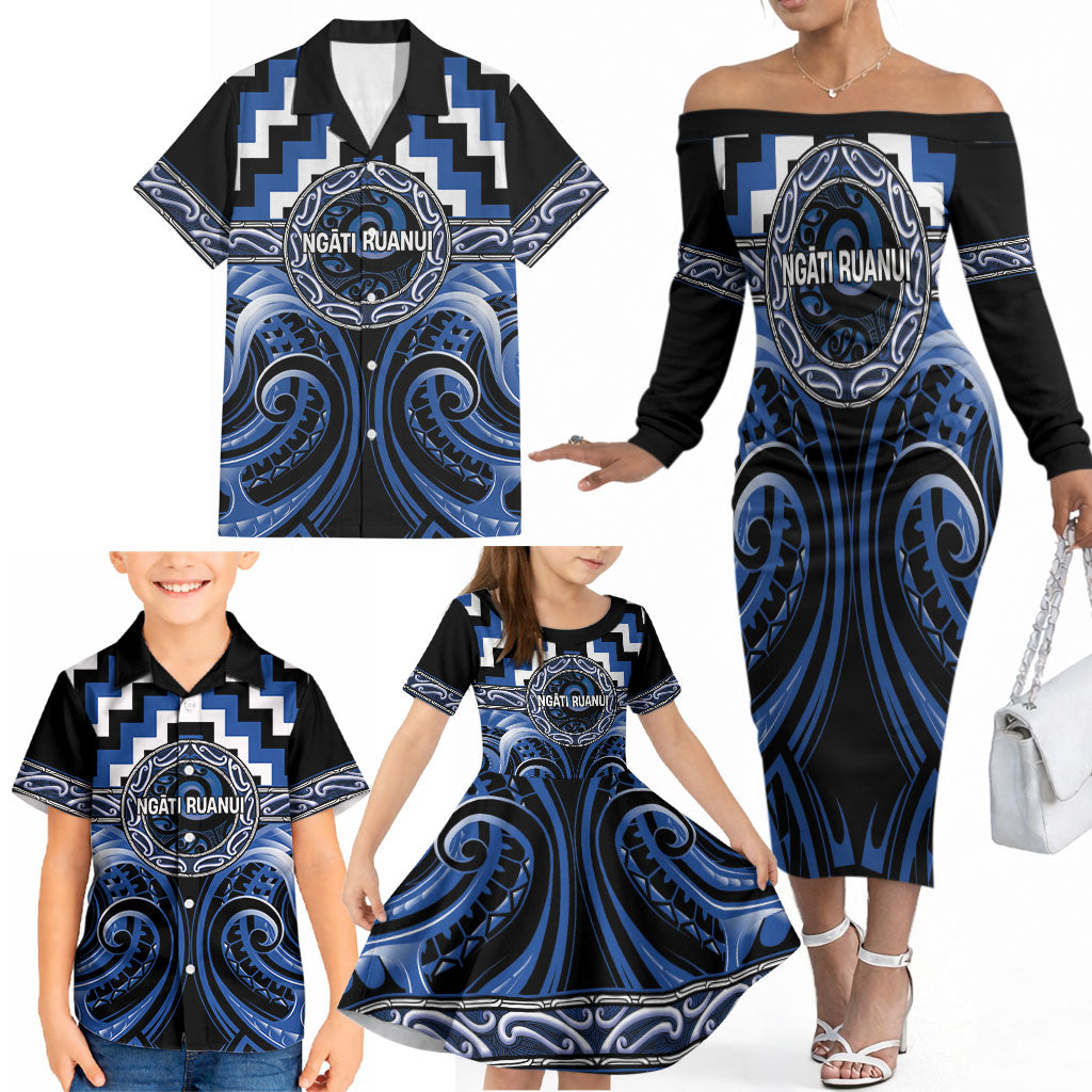 Aotearoa Ngati Ruanui Personalised Family Matching Off The Shoulder Long Sleeve Dress and Hawaiian Shirt Maori Iwi Poutama Puhoro Tattoo LT14 - Polynesian Pride