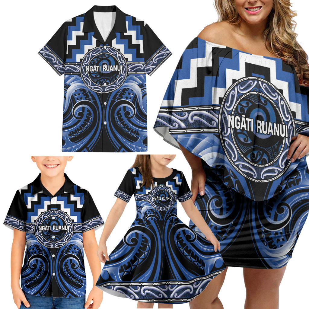 Aotearoa Ngati Ruanui Personalised Family Matching Off Shoulder Short Dress and Hawaiian Shirt Maori Iwi Poutama Puhoro Tattoo LT14 - Polynesian Pride