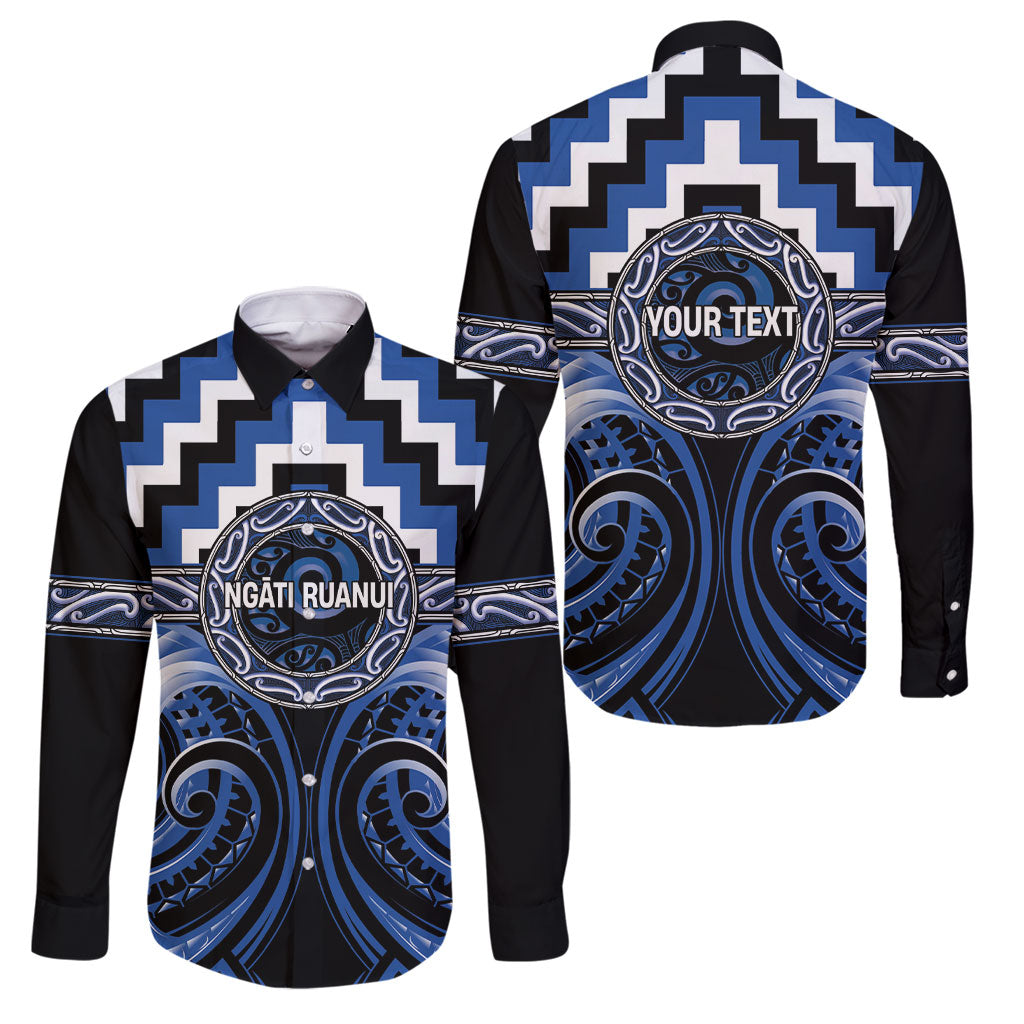 Aotearoa Ngati Ruanui Personalised Family Matching Off Shoulder Short Dress and Hawaiian Shirt Maori Iwi Poutama Puhoro Tattoo LT14 Dad's Shirt - Long Sleeve Blue - Polynesian Pride