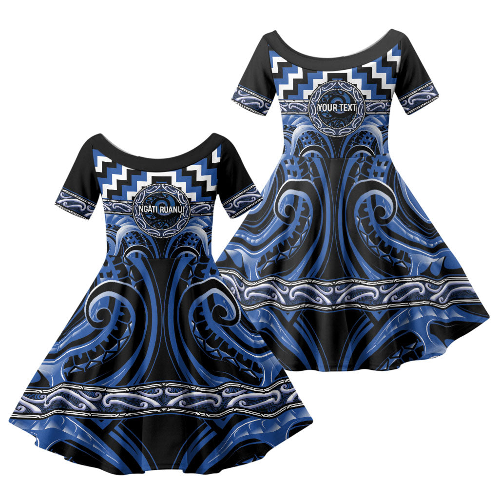 Aotearoa Ngati Ruanui Personalised Family Matching Off Shoulder Short Dress and Hawaiian Shirt Maori Iwi Poutama Puhoro Tattoo LT14 Daughter's Dress Blue - Polynesian Pride