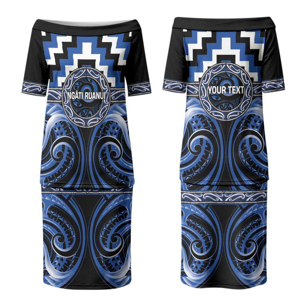 Aotearoa Ngati Ruanui Personalised Family Matching Puletasi and Hawaiian Shirt Maori Iwi Poutama Puhoro Tattoo LT14 Mom's Dress Blue - Polynesian Pride