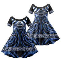 Aotearoa Ngati Ruanui Personalised Family Matching Puletasi and Hawaiian Shirt Maori Iwi Poutama Puhoro Tattoo LT14 Daughter's Dress Blue - Polynesian Pride