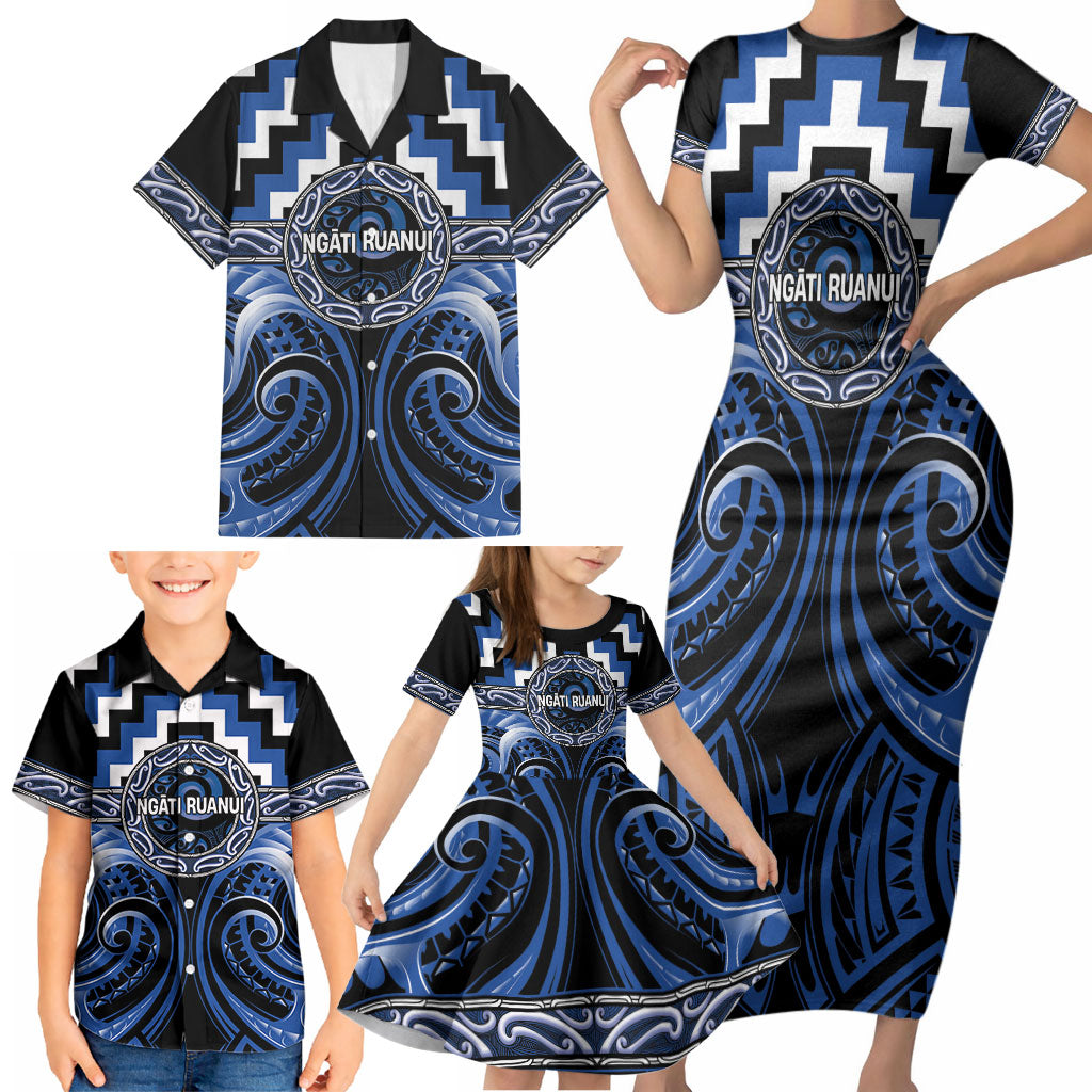 Aotearoa Ngati Ruanui Personalised Family Matching Short Sleeve Bodycon Dress and Hawaiian Shirt Maori Iwi Poutama Puhoro Tattoo LT14 - Polynesian Pride